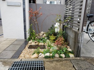 門柱前の花壇の植栽工事 イロハモミジとブルーベリーの木 姫路市の外構 エクステリア お庭のことなら サンガーデンへ
