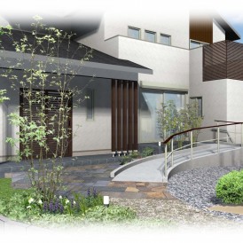 市川町和風モダン住宅のバリアフリー外構デザイン｜スロープのあるお庭