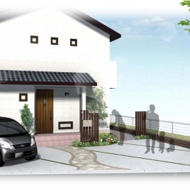 姫路市ナチュラル住宅の外構デザイン｜ウッド調の角柱でオリジナル門柱と植...